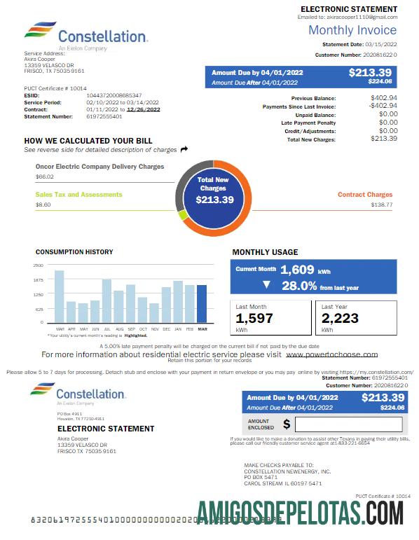 Em branco modelo de Word e PDF para conta de serviços públicos CONSTELLATION dos EUA